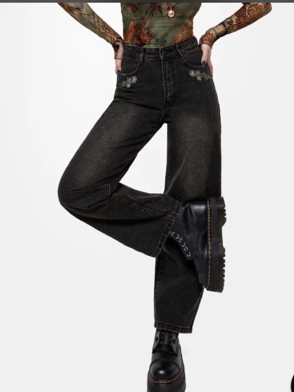 Disturbia High-Waisted Black Jeans with Rose Floral Embroidered Pockets